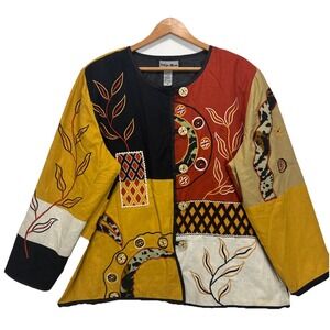 Indigo Moon Tapestry Jacket  Fall Wood Button Up Women's ‎ Sz 1X Patchwork